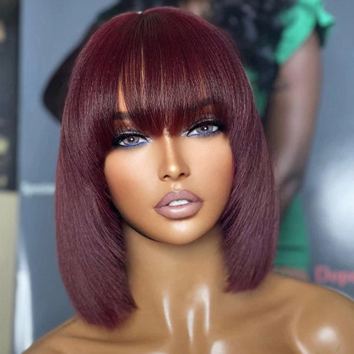 Reddish Purple Layered Cut Yaki Straight Lace Bob Wig With Bangs