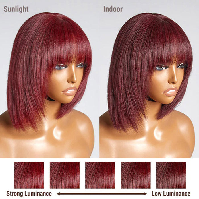 Reddish Purple Layered Cut Yaki Straight Lace Bob Wig With Bangs