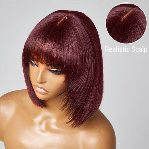 Reddish Purple Layered Cut Yaki Straight Lace Bob Wig With Bangs